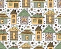 Vector hand drawn seamless pattern, decorative stylized childish houses Doodle style graphic illustration Ornamental cute hand dra Royalty Free Stock Photo