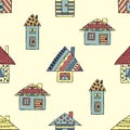 Vector hand drawn seamless pattern, decorative stylized childish houses Doodle style graphic illustration Ornamental cute hand dra Royalty Free Stock Photo