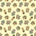 Vector hand drawn seamless pattern Decorative stylized childish houses Doodle style, graphic illustration Ornamental cute hand dra Royalty Free Stock Photo