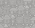 Vector hand drawn seamless pattern, decorative stylized childish houses Line drawing Doodle style, graphic illustration Ornamental Royalty Free Stock Photo