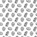 Vector hand drawn seamless pattern with different sweet icons isolated on white background. Doodle donut, cake, cupcake