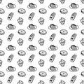 Vector hand drawn seamless pattern with different sweet icons isolated on white background. Doodle donut, cake, cupcake