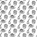 Vector hand drawn seamless pattern with different sweet icons isolated on white background. Doodle honey, cake