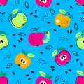 Vector hand drawn seamless pattern in a doodle style. Red and green apples on blue background Royalty Free Stock Photo