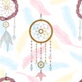 Vector hand drawn seamless pattern with dream catcher and feathers. Tribal background with hand drawn boho style elements feathers Royalty Free Stock Photo