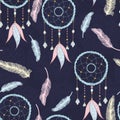 Vector hand drawn seamless pattern with dream catcher and feathers. Tribal background with hand drawn boho style elements feathers Royalty Free Stock Photo