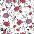 Pattern with fresh ripe delicious figs whole and half and magnolia flower Royalty Free Stock Photo