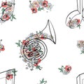 Vector hand drawn seamless pattern, graphic illustration of french horn with flowers, leaves Sketch drawing, doodle style. Royalty Free Stock Photo