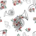 Vector hand drawn seamless pattern, graphic illustration of french horn with flowers, leaves Sketch drawing, doodle style. Royalty Free Stock Photo