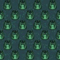Vector hand drawn seamless pattern with green octopuses in the bottles