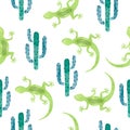 Vector hand drawn seamless pattern with green watercolor lizard and cactus Royalty Free Stock Photo