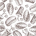 Vector hand drawn seamless pattern of Hot dog and soda. Doodle illustration of fast food. Royalty Free Stock Photo