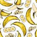 Vector hand drawn seamless pattern of isolated banana. Engraved colored art. Delicicous tropical vegetarian objects.