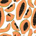 Vector hand drawn seamless pattern of isolated papaya. Engraved colored art. Delicious tropical vegetarian fruits.