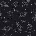Vector Hand drawn seamless pattern with Jupiter, Mars, Saturn, Neptune planets, moon and flying rockets Royalty Free Stock Photo