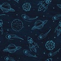 Vector Hand drawn seamless pattern with Jupiter, Mars, Saturn, Neptune planets, moon and flying rockets