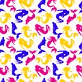 Vector hand drawn seamless pattern. Mermaids. Blue, yellow and red colors on white backdrop. Royalty Free Stock Photo