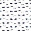 Vector hand drawn seamless pattern with open and winking eyes and lashes isolated on white