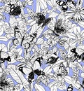 Vector hand drawn seamless pattern with orchid flowers, buterfly, birds, leaves and buds. Black and white illustration with violet