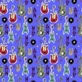 Vector hand drawn seamless pattern. Punk rock attributes, skulls, stars, vinyls, guitars, zombie