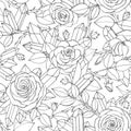 Vector hand drawn seamless pattern of rose flowers with buds, leaves, thorny stems and crystals line art Royalty Free Stock Photo
