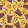 Vector hand drawn seamless pattern of soda, cola drink. Fast food cartoon background. Royalty Free Stock Photo