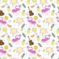 Vector hand drawn seamless pattern. Summer vacation, travel, tropical background with fruits, flamingo, palm leaves, ice cream, Royalty Free Stock Photo