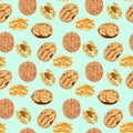 Vector hand drawn seamless pattern walnut whole and half nuts