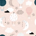 Vector hand-drawn seamless repeating children simple pattern with air balloons, clouds and moons in Scandinavian style Royalty Free Stock Photo