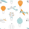 Vector hand-drawn seamless repeating children simple pattern with air balloons and planes in Scandinavian style on a Royalty Free Stock Photo