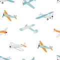 Vector hand-drawn seamless repeating children simple pattern with aircraft in Scandinavian style on a white background Royalty Free Stock Photo