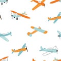 Vector hand-drawn seamless repeating children simple pattern with aircraft in Scandinavian style on a white background Royalty Free Stock Photo