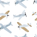 Vector hand-drawn seamless repeating children simple pattern with aircraft in Scandinavian style on a white background Royalty Free Stock Photo