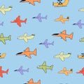 Vector hand-drawn seamless repeating children simple pattern with aircraft in Scandinavian style on a white background Royalty Free Stock Photo