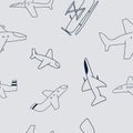 Vector hand-drawn seamless repeating children simple pattern with aircraft in Scandinavian style on a white background Royalty Free Stock Photo