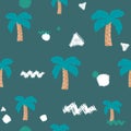 Vector hand drawn seamless repeating color childish pattern with palm trees with geometric shapes on blue background