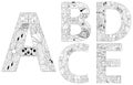 Vector of hand drawn set of Alphabet from A - E in Zentangle style for coloring pages