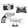 Vector hand-drawn set with the attributes of a detective. Collection of sketches of vintage items for the detective. Drawings of a Royalty Free Stock Photo