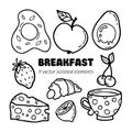 Vector hand drawn set breakfast icons. In doodle style, isolated clipart on a white background. Royalty Free Stock Photo