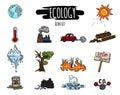 Vector hand drawn set of bright icons of ecology, global warming, climate change, toxic waste and deforestation.