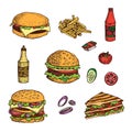 Vector hand drawn set of fast food. Isolated on white.