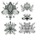 Vector hand drawn set of henna floral lotos elements based on tr