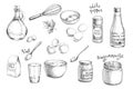 Vector hand-drawn set of ingredients for a mayonnaise recipe isolated on a white background. Illustrations for cooking a classic