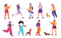 Vector hand drawn set isolated on white with people and their pets.