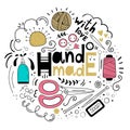 Vector hand drawn set of hand made. Scissors, thread, yarn, glue, needle, buttons. Isolate Royalty Free Stock Photo