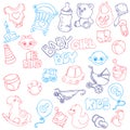 Vector hand drawn set of Newborn Baby Care cartoon doodle objects and items.