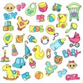 Vector hand drawn set of Newborn Baby Care cartoon doodle objects and items.