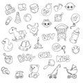 Vector hand drawn set of Newborn Baby Care cartoon doodle objects and items.