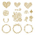 Vector Hand Drawn Set Of Round Gold Frames, Flovers, Hearts, Wreaths. On white Background