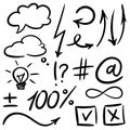 Vector hand drawn set of sketch speech bubbles clouds, arrow, thought design elements.
